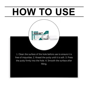 Instrucciones para limpiar el orificio, amasar la masilla blanca, presionarla y alisar la superficie.
