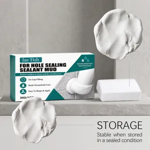 Masilla selladora blanca moldeable en porciones blandas y un bloque rectangular junto al envase