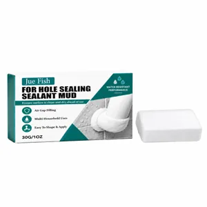 Masilla blanca moldeable de 30 g, junto a su caja, para sellar agujeros y huecos alrededor de tuberías