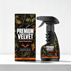 Frasco y caja con camuflaje forestal, detalles naranjas y capacidad indicada de 120 ml