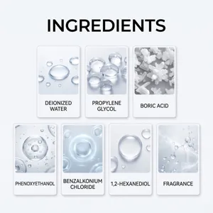 Cuadro de ingredientes con agua desionizada, propilenglicol, ácido bórico y otros componentes