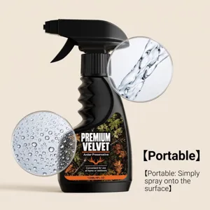 Detalle de un pulverizador negro, con ampliaciones del chorro de agua y gotas sobre fondo beige