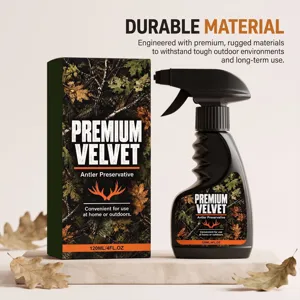 Botella pulverizadora negra y caja de camuflaje sobre una superficie de madera con hojas secas