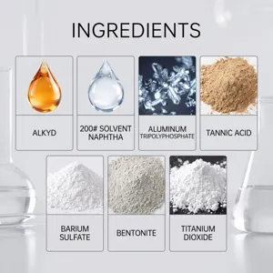 Ingrediëntenkaart met alkyd, oplosmiddelnafta, aluminiumtripolyfosfaat en minerale poeders