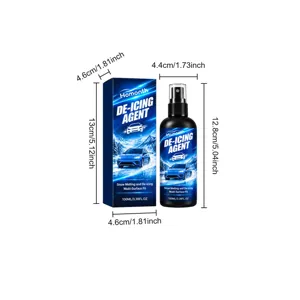 Blue de-icing spray box and black 100 ml bottle displayed side by side with size measurements