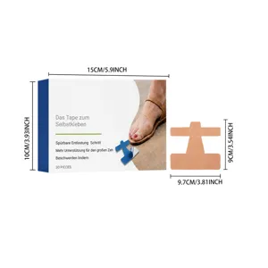 Product box beside a skin-tone toe support patch, shown with its dimensions of 9.7 × 9 cm