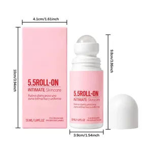 Caja rosa de cuidado íntimo y envase roll-on blanco de 50 ml junto a medidas indicadas