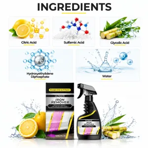 Ingrediëntenoverzicht boven een sprayflacon van 120 ml met doos, citroenen en suikerriet