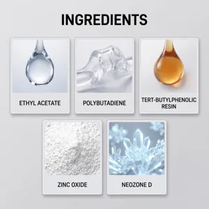 Infografía de ingredientes con cinco tarjetas que nombran compuestos, polvos y materiales líquidos