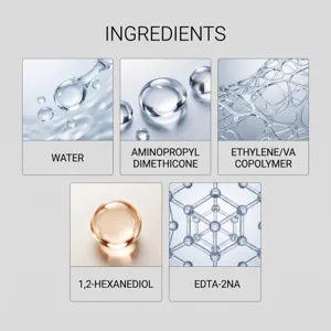 Infografía de ingredientes con cinco componentes etiquetados, gotas y estructuras moleculares