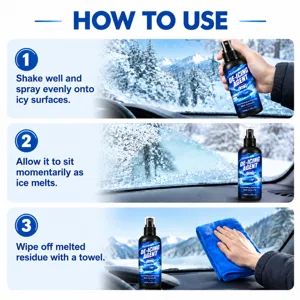 Three-step guide: spray a frosted windshield, wait for ice to melt, then wipe it with a towel