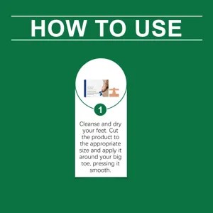 Green instruction graphic showing a foot patch pack and steps for applying a patch to a toe.