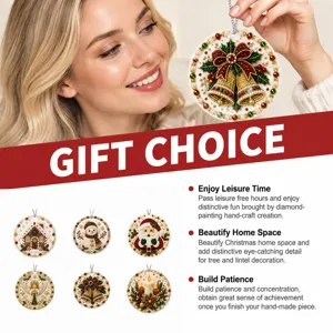 Woman holding a round diamond-painted Christmas bell ornament, with six festive designs shown below