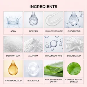 Ingredientes de cuidado de la piel en una cuadrícula rosa de doce casillas con imágenes asociadas