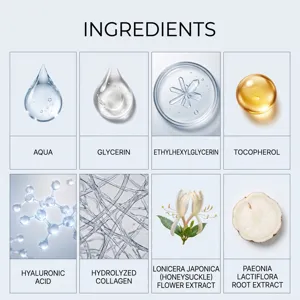 Grid of eight skincare ingredients with water drops, collagen fibers, golden oil and flower images