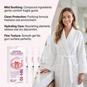 Dental gel kit with three syringe applicators beside a smiling woman in a white robe