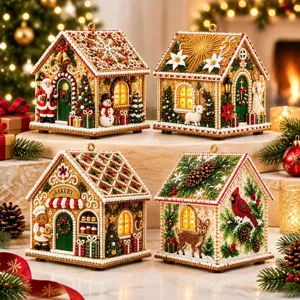 Kit Maison de Noël en Bois Peinture au Diamant DIY Décoration 3D Cabine Strass Artisanat Fait Main Ornement de Bureau Cadeau