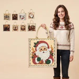 Sac Cabas en Lin Peinture Diamant DIY Fait Main Motif Père Noël Halloween Citrouille Sorcière Artisanat Sac de Shopping Cadeau pour Fête