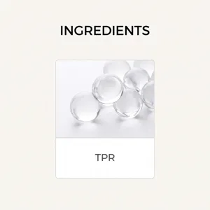 Detail view of clear, smooth spherical TPR pellets displayed beneath an ingredients heading