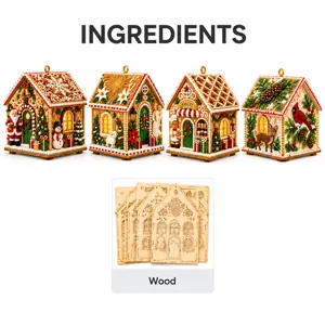 Quatre maisons en pain d’épices décorées à suspendre, au-dessus de plusieurs découpes en bois