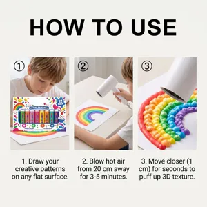 Three-step tutorial shows drawing, hot-air drying, and a raised rainbow texture made with paint.
