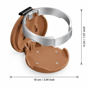Detail view of a brown plastic base and silver ring clamp, shown apart; diameter is 10 cm.