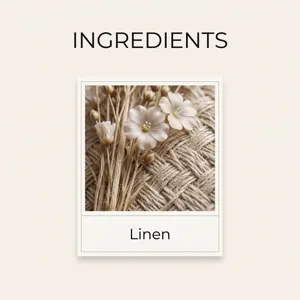 Carte d’ingrédients montrant des fleurs de lin séchées et la texture naturelle du tissu de lin