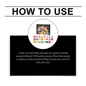 Instruction panel showing a circular view of colorful holiday squishy toys and English use steps