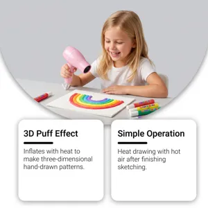 A child uses a pink heat tool to puff a colorful rainbow drawing on a white art board
