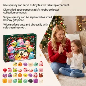 Holiday scene showing a 24-surprise box, colorful squishy figures, and family by a lit tree