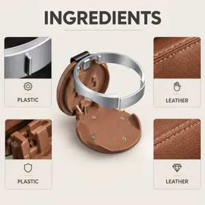 Detail view of a brown plastic and leather cup holder insert with a silver metal rim and four screws
