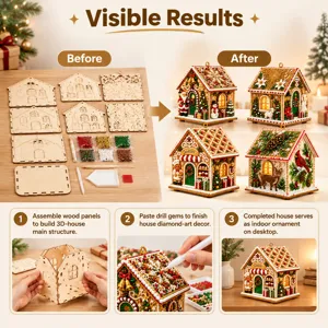 Étapes de montage de maisons de Noël en bois, avec strass, outils et décorations terminées