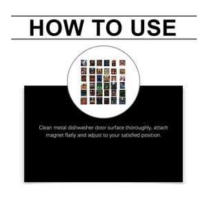 Instruction graphic showing Halloween magnets and placement on a clean metal dishwasher door.