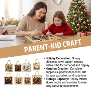 Une mère et son enfant décorent des sacs festifs; huit motifs de saison sont présentés dessous
