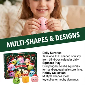 A child squeezes a pink dumpling-shaped toy beside a Christmas countdown box and assorted squishies