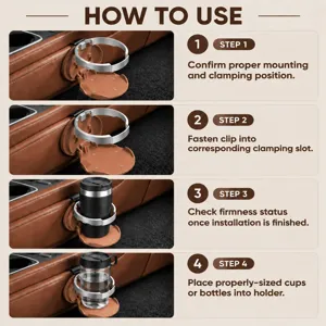 Four-step guide shows mounting the silver cup ring with a brown base, then fitting cups or bottles.