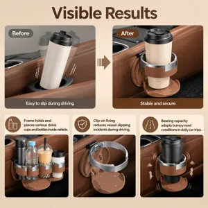 Before-and-after collage of a brown leather car cup holder securing a travel mug