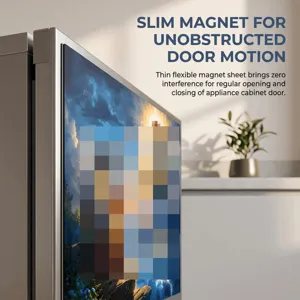 Flexible scenic magnet sheet on an appliance door, shown beside a plant in a bright kitchen.