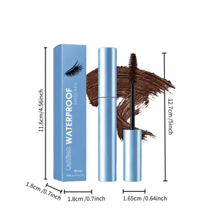 Blue mascara tube and box with an open brush beside a brown swatch on a white background