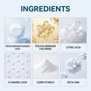 Six ingrédients illustrés, dont acide trichloroisocyanurique, acide citrique et amidon de maïs