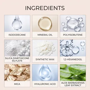Neunteilige Zutatenübersicht mit Nahaufnahmen von Öl, Wachs, Glimmer, Hyaluronsäure und Aloe