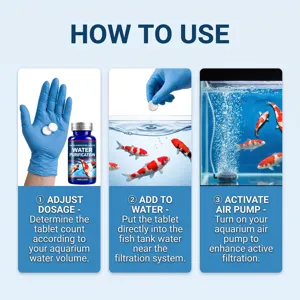 Guide en trois étapes : doser, ajouter un comprimé dans l’aquarium et activer la pompe à air.