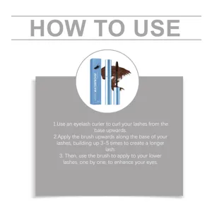 Mascara use guide showing an eyelash curler and upward brushing steps for upper and lower lashes