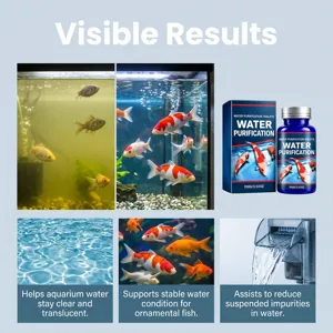 Infographie comparant une eau d’aquarium trouble et claire, avec des poissons et un emballage