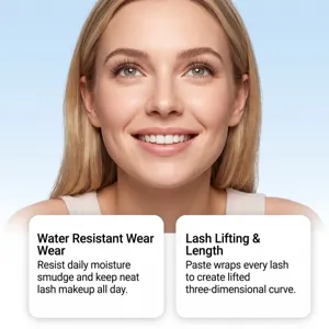 Close-up of a woman showing long, curled lashes and water-resistant, lash-lifting makeup claims