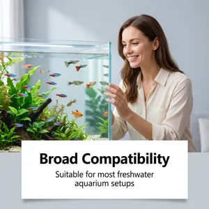 Aquarium d’eau douce avec poissons colorés et plantes, admiré par une femme chez elle