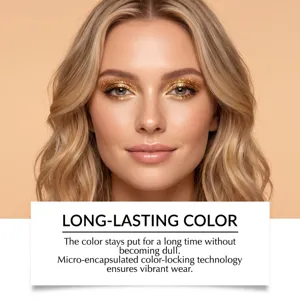 Nahaufnahme eines Models mit goldenem Glitzer-Augen-Make-up und Hinweis zur langen Farbhaftung