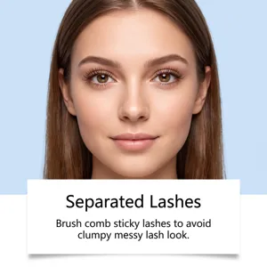 Model close-up showing neatly separated, natural-looking lashes against a pale blue background