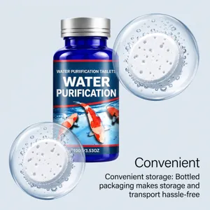 Comprimé blanc de purification entouré de bulles, près d’un flacon bleu sur fond clair et épuré