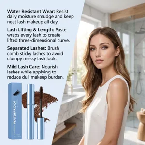 Blue mascara tube, brown lash swatch and model with waterproof wear claims in a bright bathroom.